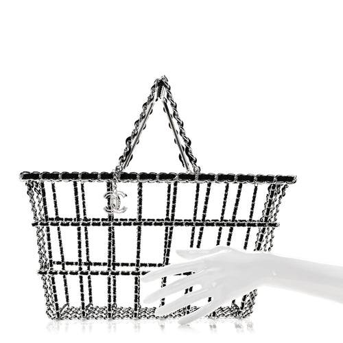 Brass Calfskin Medium Grocery By Chanel Shopping Basket Silver